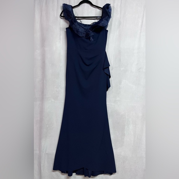 Alex Evenings Long Stretch Crepe Off Shoulder Dress Organza Ruffle Neckline NWOT - Picture 4 of 8